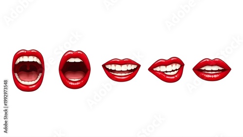A set of red lips and open mouths with white teeth on a white background