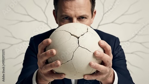 Man Holding Cracked Egg with Branching Lines