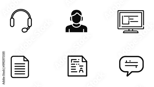 Digital Support Icons: A collection of sleek, minimalist icons represents various facets of customer service and digital support, including headphones, a user icon, computer monitor, document, resume.