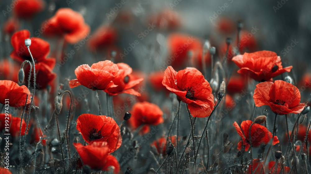 Fototapeta premium Red poppies in soft moody field with shallow depth of field