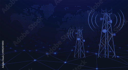 Tableau sur toile Mobile tower with dotted world map network connection vector poster
