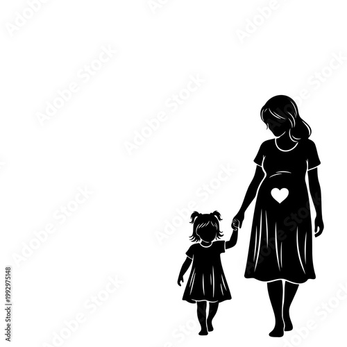 Silhouette of a pregnant mother holding hands with her young daughter