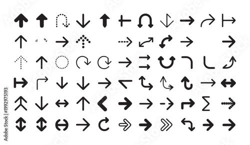 Collection of diverse black arrow icons and symbols representing direction and movement on transparent background.