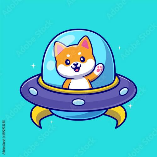 Cute Shiba Inu Dog Driving Ufo Spaceship Cartoon