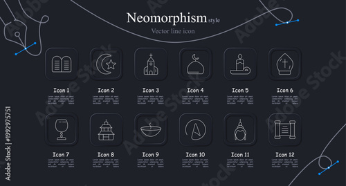 Religion culture set icon. Stone tablets, crescent star, church building, mosque dome, meditation pose, bishop mitre, chalice cup, temple pagoda, incense bowl, spiritual symbol