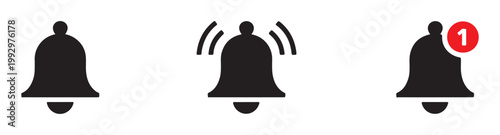 Bell notification icon vector solid ringing with alert badge count one.