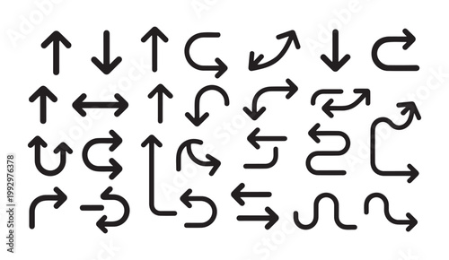 Black outline arrow icons, graphic design elements showing direction and movement on a grey background.