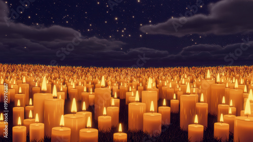 Numerous glowing candles illuminate a dark field under a starry night sky with soft clouds