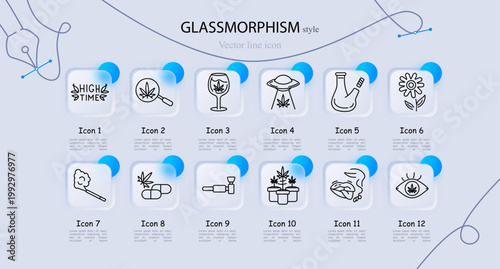 Cannabis culture set icon. High timer text, cannabis leaf magnifier, wine glass marijuana, ufo cannabis beam, bong pipe, hemp flower, smoking joint, cannabis pills, grinder tool, marijuana plants