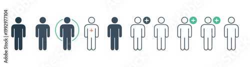 Collection of user icons representing adding friends removing users and team members grouped together.