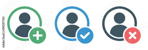 User profile icons with action symbols like add checkmark and delete for account management.