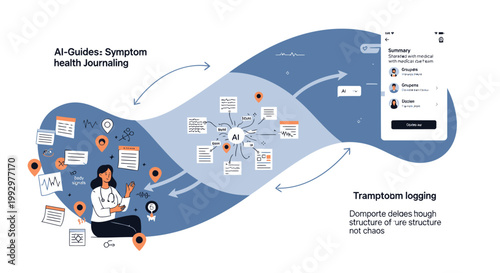 Health, wellness and medical vector infographic, symptom journaling, AI guided health tracking, mental health monitoring