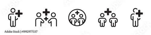Add member profile line icon set including user with plus sign and group creation social networking.