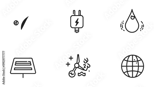 Renewable energy icon set: A cohesive collection of minimalist icons, symbolizing key facets of sustainable energy and environmental consciousness. Each design, clean and modern.