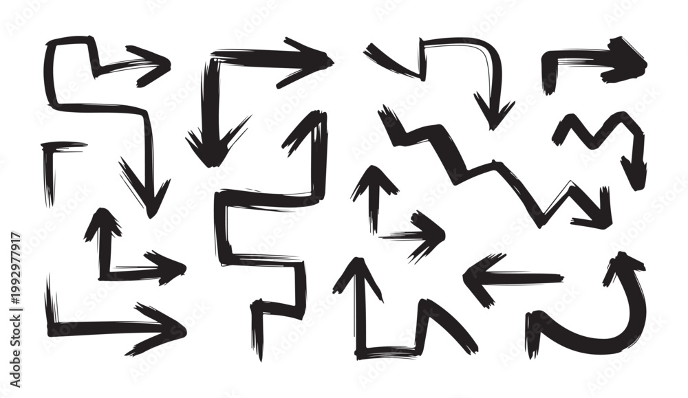 Fototapeta premium Rough sketch arrows, edgy and textured brushwork for modern graphic design on transparent background.
