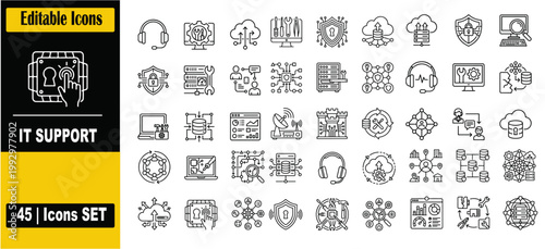 IT Support and Services Line Icon Set for Web and UI Design, Help Desk Troubleshooting Technical Services Computer Maintenance Security Cloud Repair Customer Support Thin Line Editable Stroke Vector I