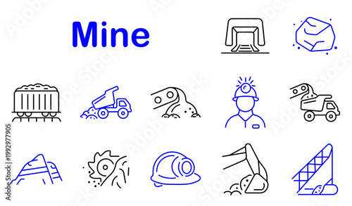 Mining industry set icon. Line style icons display tunnel entrance, rock stone, rail wagon, dump truck, excavator arm, worker helmet, drilling machine, mountain terrain, cutting saw