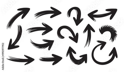 Brush stroke arrows collection, dynamic and expressive design elements on transparent background.