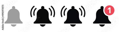 Various bell icons depicting notification status ringing muted and with alert badge.