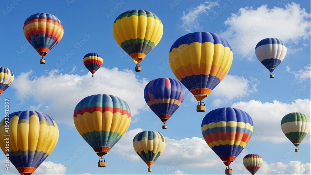 Fototapeta premium Multiple vibrant hot air balloons floating against a clear blue sky with soft focus white clouds.