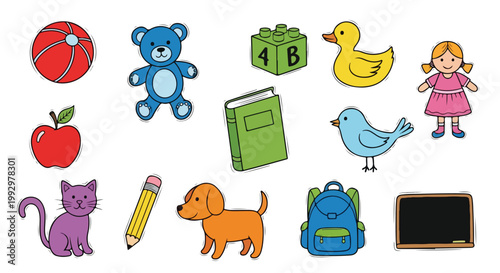Colorful children's toy and school supply icons, set of 12 educational vector illustrations, preschool learning objects and nursery clipart