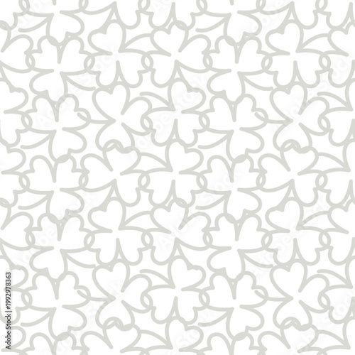 Seamless repeating pattern featuring abstract floral shapes in soft neutral tones. The flowing, ornamental design creates a stylish and versatile background ideal for textiles, wallpapers, packaging. 