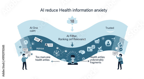 AI health information filtering, reducing anxiety, infographic, vector illustration, health tech