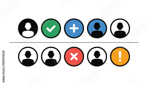 User interface icons including profile person checkmark plus minus cross and alert symbols on grid.