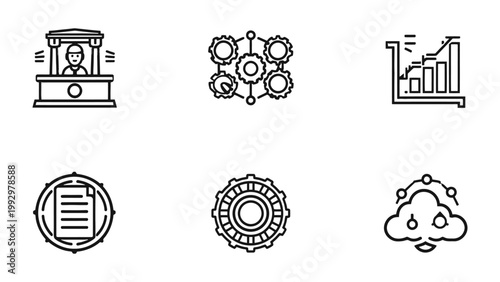 Innovation Icon Set: A modern and visually appealing collection of minimalist icons representing various aspects of innovation, including business processes, data analysis.