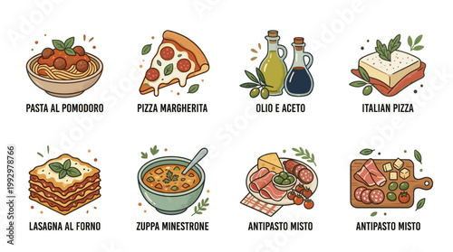 Italian cuisine dishes set with pasta pizza and coffee in detailed flat illustration style