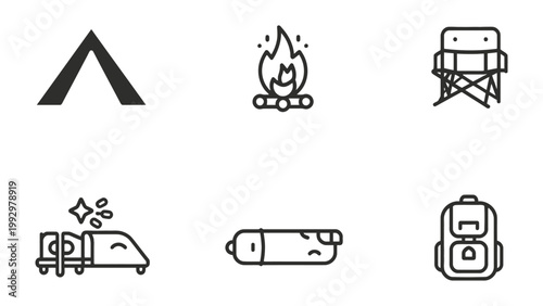 Camping Icons: A set of minimalistic camping-themed icons, including a tent, bonfire, camp chair, sleeping bag, and backpack, perfectly capturing the essence of outdoor adventures.