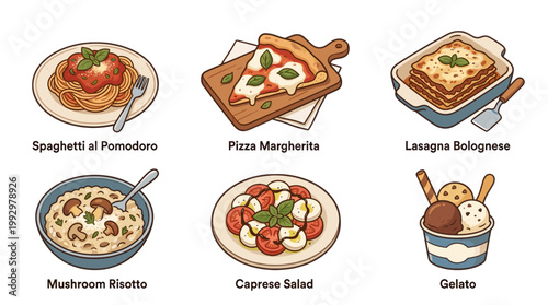 Italian cuisine dishes set with pasta pizza and coffee in detailed flat illustration style