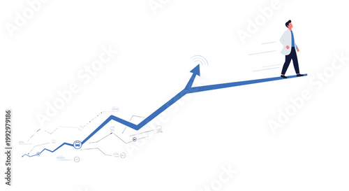Business growth, success, and progress concept, vector illustration of a man walking on an upward trending line graph, finance and investment, career development