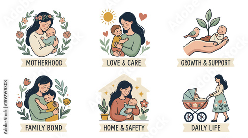 Mother spending time with children set in warm flat cartoon illustration style
