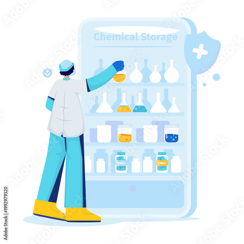 Scientist Storing Chemical Samples in Laboratory Storage Cabinet Vector Illustration
