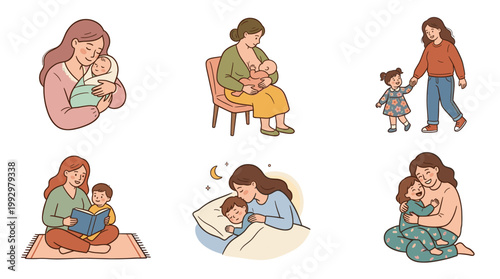 Mother spending time with children set in warm flat cartoon illustration style