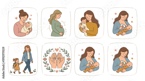 Mother spending time with children set in warm flat cartoon illustration style