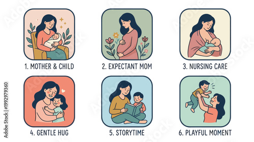 Mother spending time with children set in warm flat cartoon illustration style