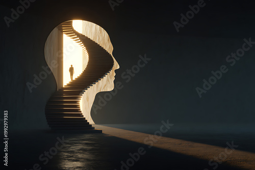 Human silhouette walking up a staircase inside a head shape toward light, symbolizing mental health, self development, inner growth, awareness, and the journey to clarity and transformation