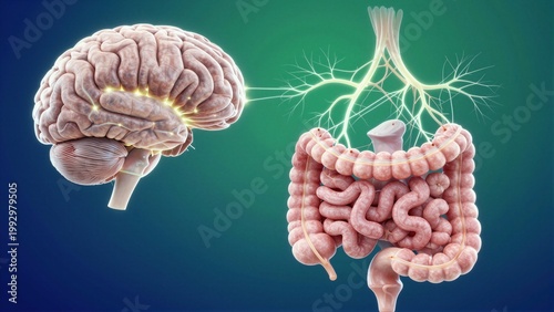 Illustration of the human brain connected to the intestines via a glowing nervous system, showcasing the gut-brain axis. The background is soft focus with green and blue hues.