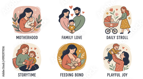 Mother spending time with children set in warm flat cartoon illustration style