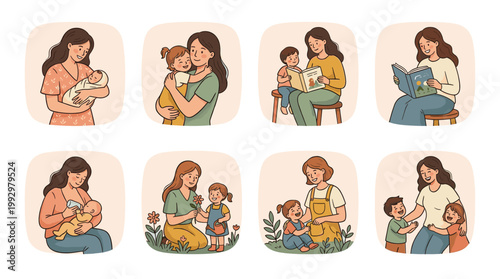 Mother spending time with children set in warm flat cartoon illustration style