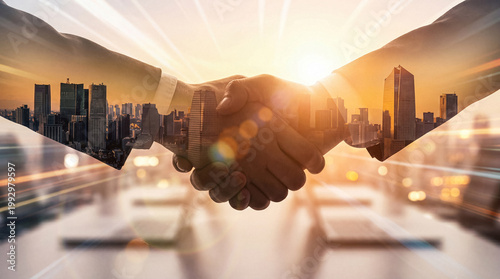 Bild auf Leinwand Double exposure photograph of a professional handshake combined with a modern cityscape at sunrise