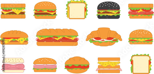 Sandwich and Burger Variety Icon Set with Fast Food Meals, Cheese Burgers, Sub Sandwiches, and Layered Snacks for Menu, Restaurant, and Food Design Projects