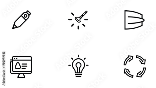 Iconic Symbols: Collection of minimal icons, representing key aspects of creativity, innovation, and digital interface