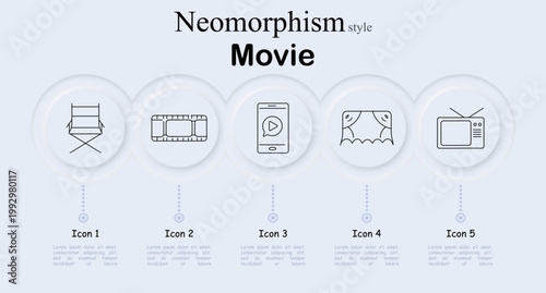 Movie set icon. Director chair, film strip, mobile video player, theater stage curtain, television screen, cinema entertainment, media production, streaming technology, filmmaking industry.