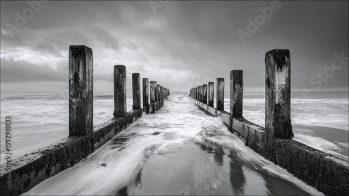 Dramatic long exposure of the iconic wooden groynes at Sheringham beach during low tide, sea moss covering the dark timber, water flowing like silk between the beams