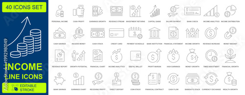 Income line icons set, 40 business and financial growth vector symbols, editable stroke money and profit web UI elements for banking and investment