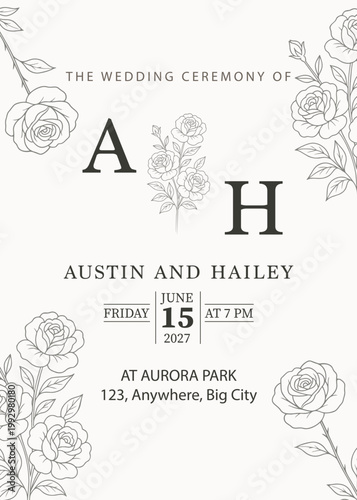 Elegant wedding invitation card with botanical line art floral design