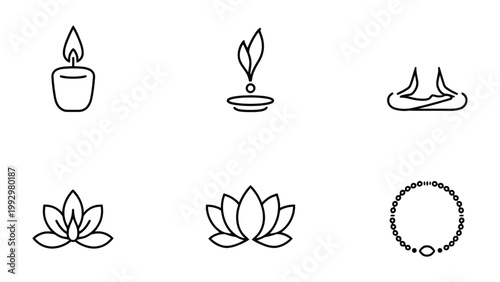 Harmony in Line Art: A set of six serene line art illustrations capturing elements of inner peace and tranquility. A candle, flame, lotus flower, hands and jewelries